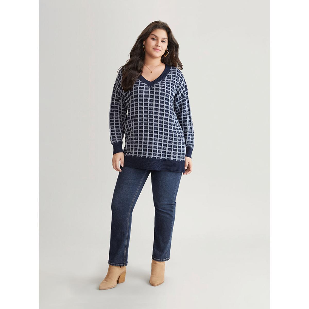 Plus Size Gingham Plisse V Neck Elastic Cuffs Pullover Midnight Women Casual Loose Long Sleeve V-neck Dailywear Pullovers BloomChic 22-24/3X Product Image
