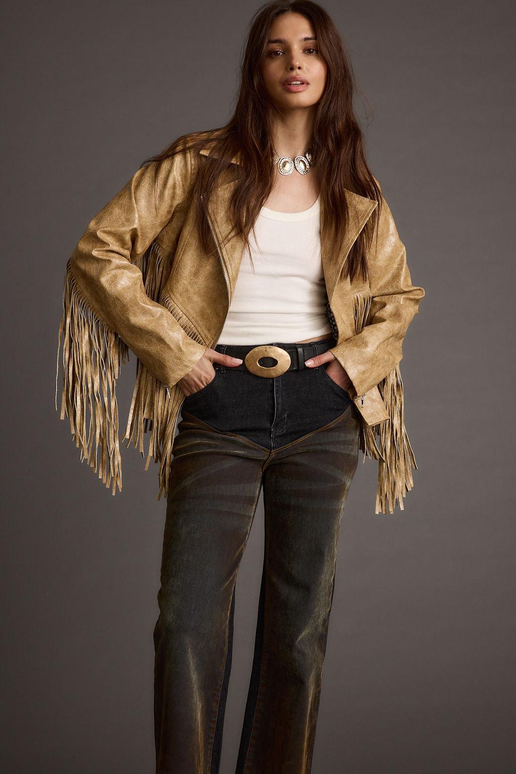 Phoenix Taupe Vegan Leather Moto Fringe Jacket Product Image