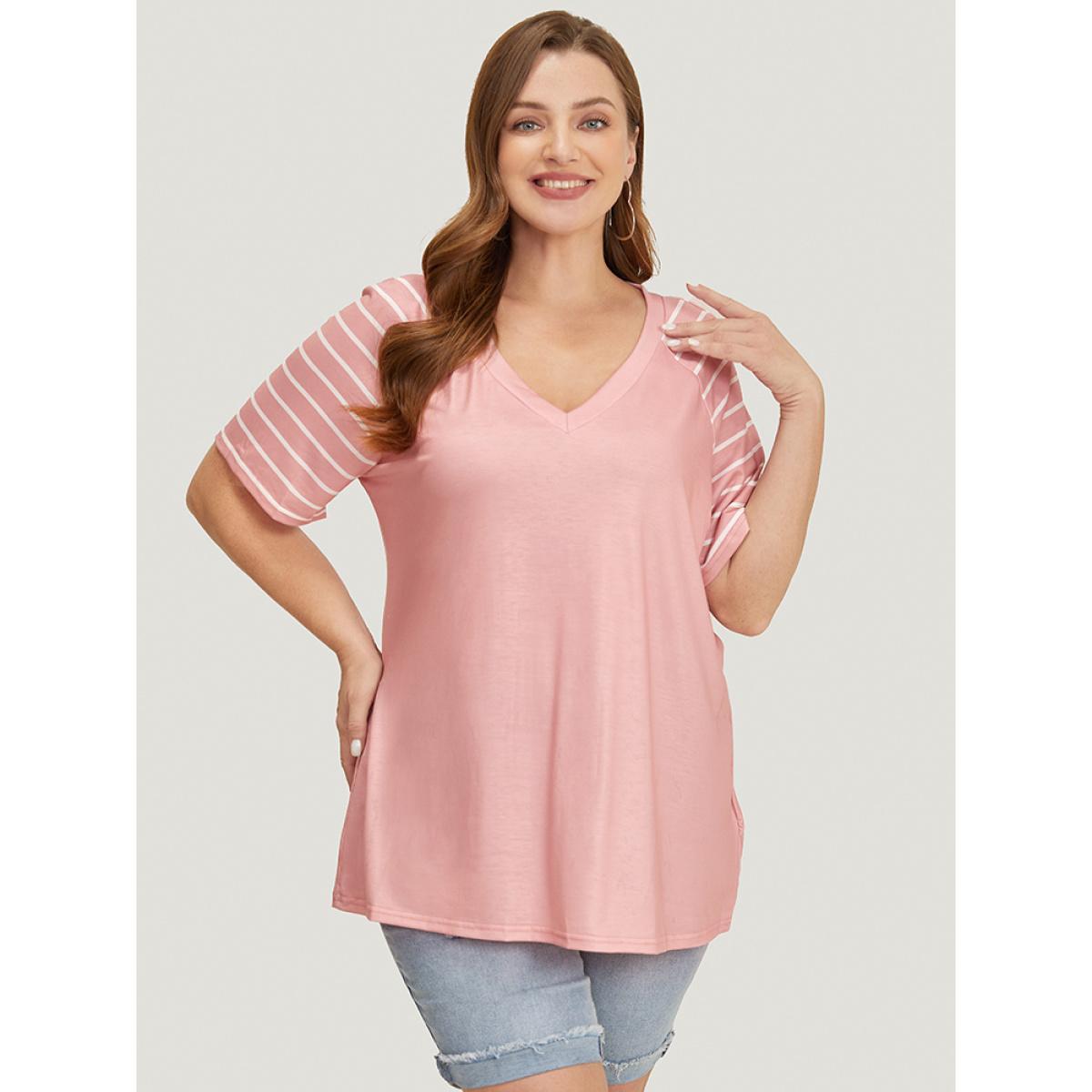 Plus Size Striped Contrast Raglan Sleeve V Neck T-shirt Crepe Women Casual Patchwork Striped V-neck Dailywear T-shirts BloomChic 28/5X Product Image