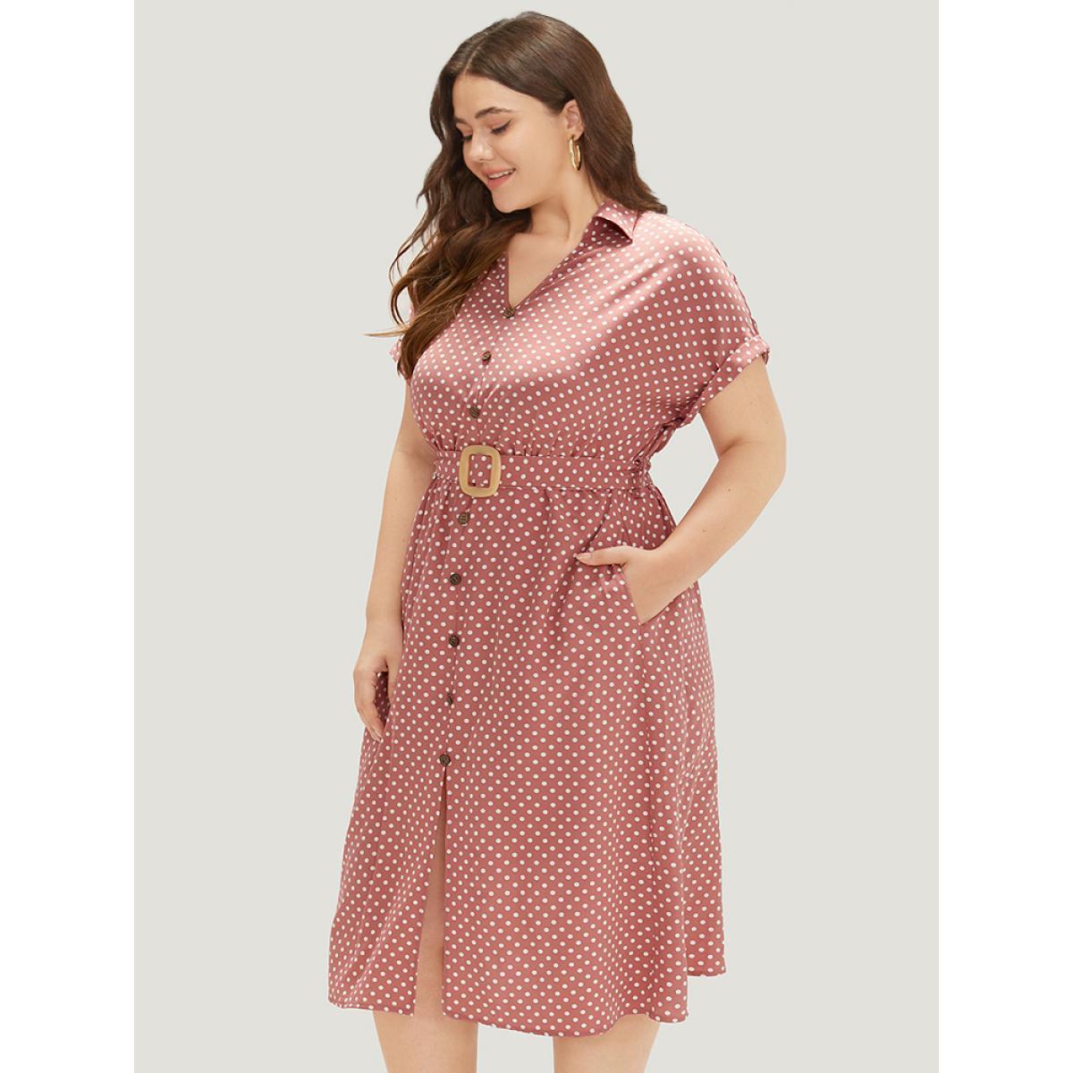 Plus Size Polka Dot Metal Buckle Belt Button Detail Dress DustyPink Women Office Belted V-neck Short sleeve Curvy Midi Dress BloomChic 18-20/2X Product Image