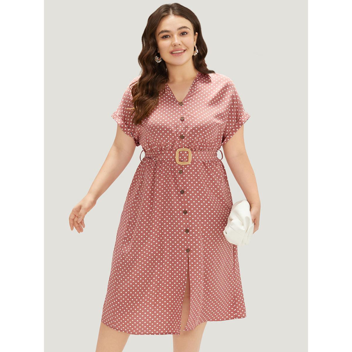 Plus Size Polka Dot Metal Buckle Belt Button Detail Dress DustyPink Women Office Belted V-neck Short sleeve Curvy Midi Dress BloomChic 18-20/2X Product Image