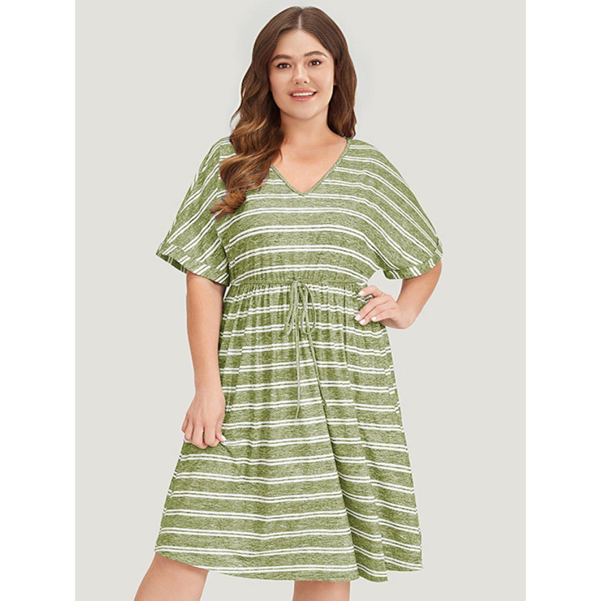 Plus Size Striped Ties Pocket Roll sleeve Dress LightGreen Women Casual Cross straps V-neck Short sleeve Curvy Midi Dress BloomChic 26/4X Product Image