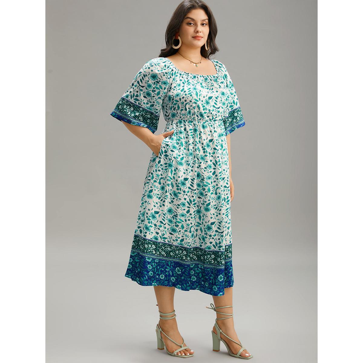 Plus Size Floral Print Patchwork Square Neck Raglan Sleeve Dress Emerald Women Vacation Gathered Square Neck Half Sleeve Curvy Midi Dress BloomChic 10/M Product Image