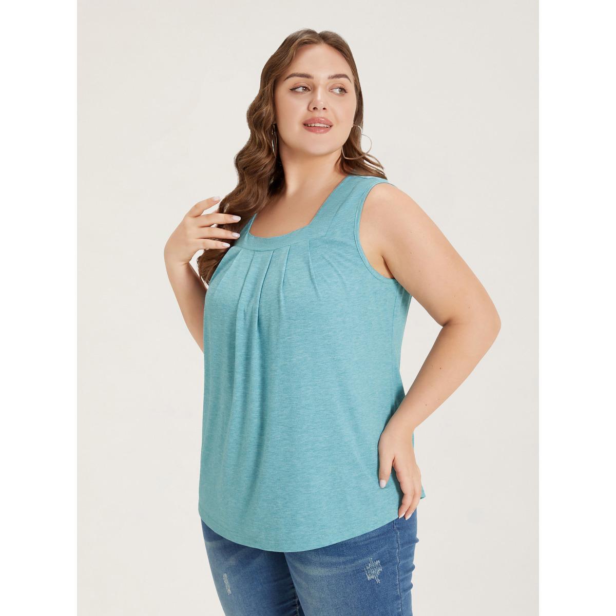 Plus Size Heather Plicated Detail Square Neck Tank Top Women Turquoise Casual Non U-neck Everyday Tank Tops Camis BloomChic 14-16/1X Product Image