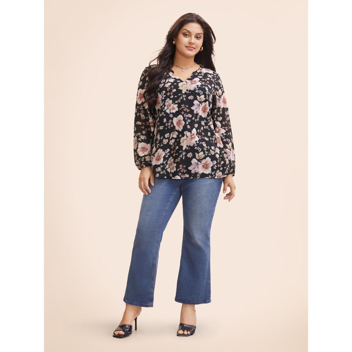 Plus Size Black Chiffon Floral Notched Ruffle Trim Blouse Women Elegant Long Sleeve Notched collar Everyday Blouses BloomChic 26/4X Product Image