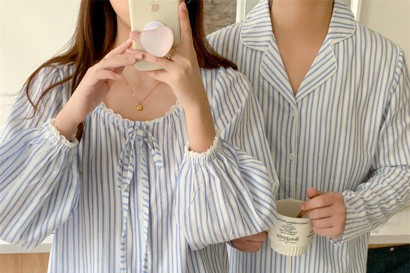 Couple Matching Pajama Set: Long Sleeve Striped Top + Straight Leg Pants (Various Designs) Product Image