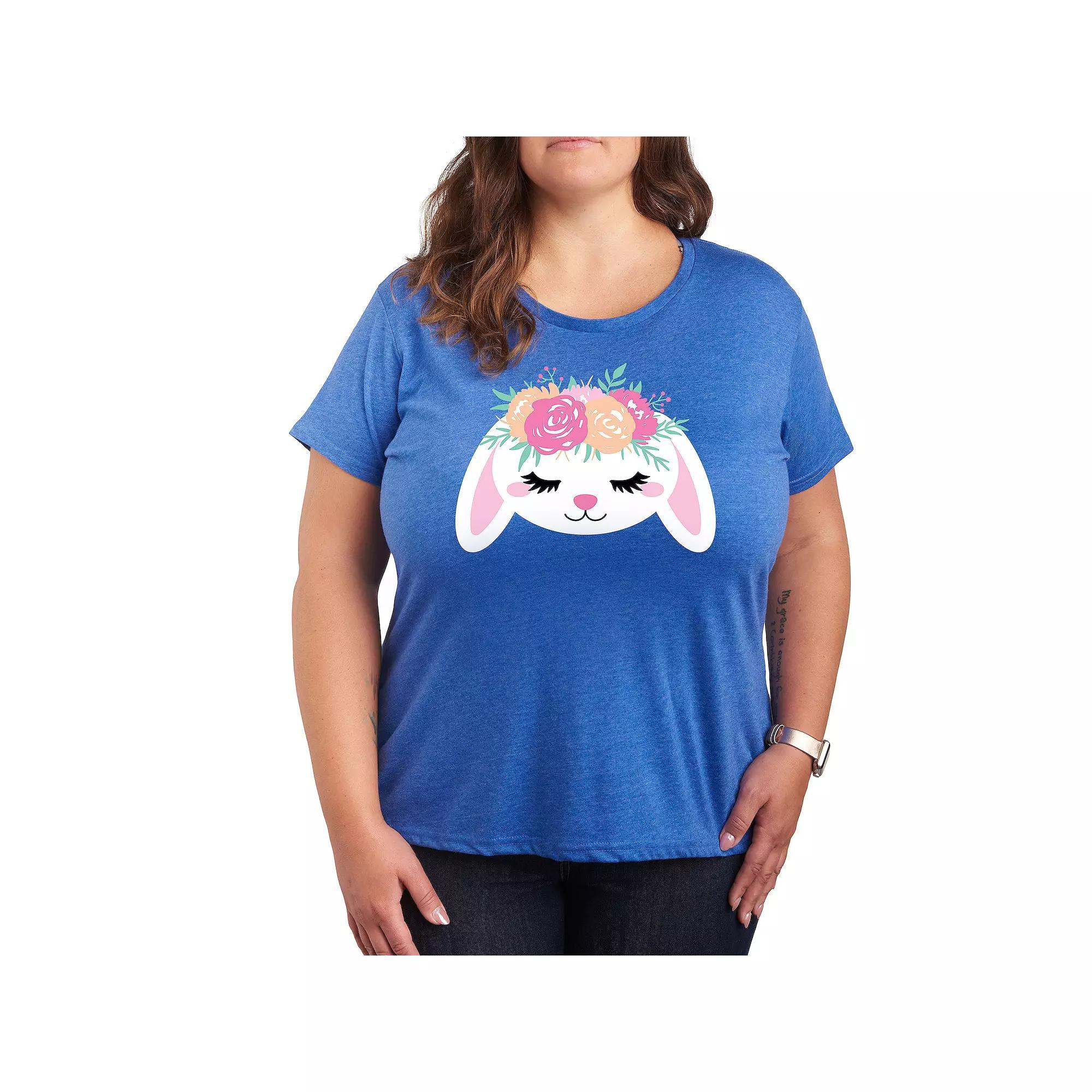 Plus Bunny Face With Flower Crown Graphic Tee, Womens Grey Royal Blue Product Image