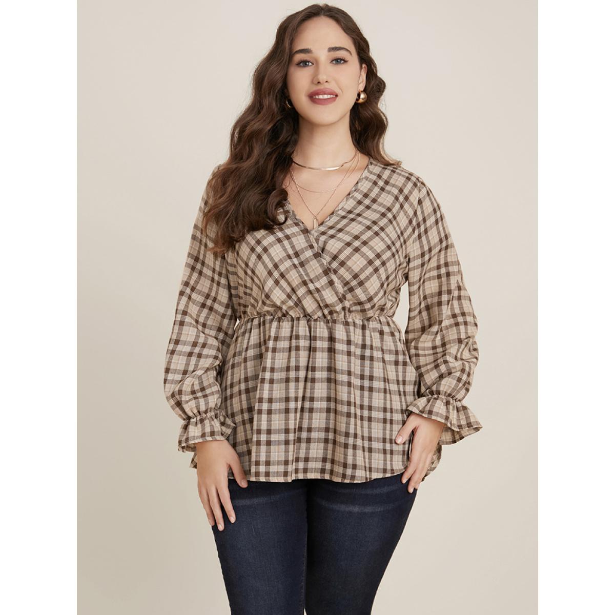 Plus Size LightBrown Plaid Lantern Sleeve Surplice Neck Blouse Women Elegant Long Sleeve V-neck Dailywear Blouses BloomChic 14-16/1X Product Image