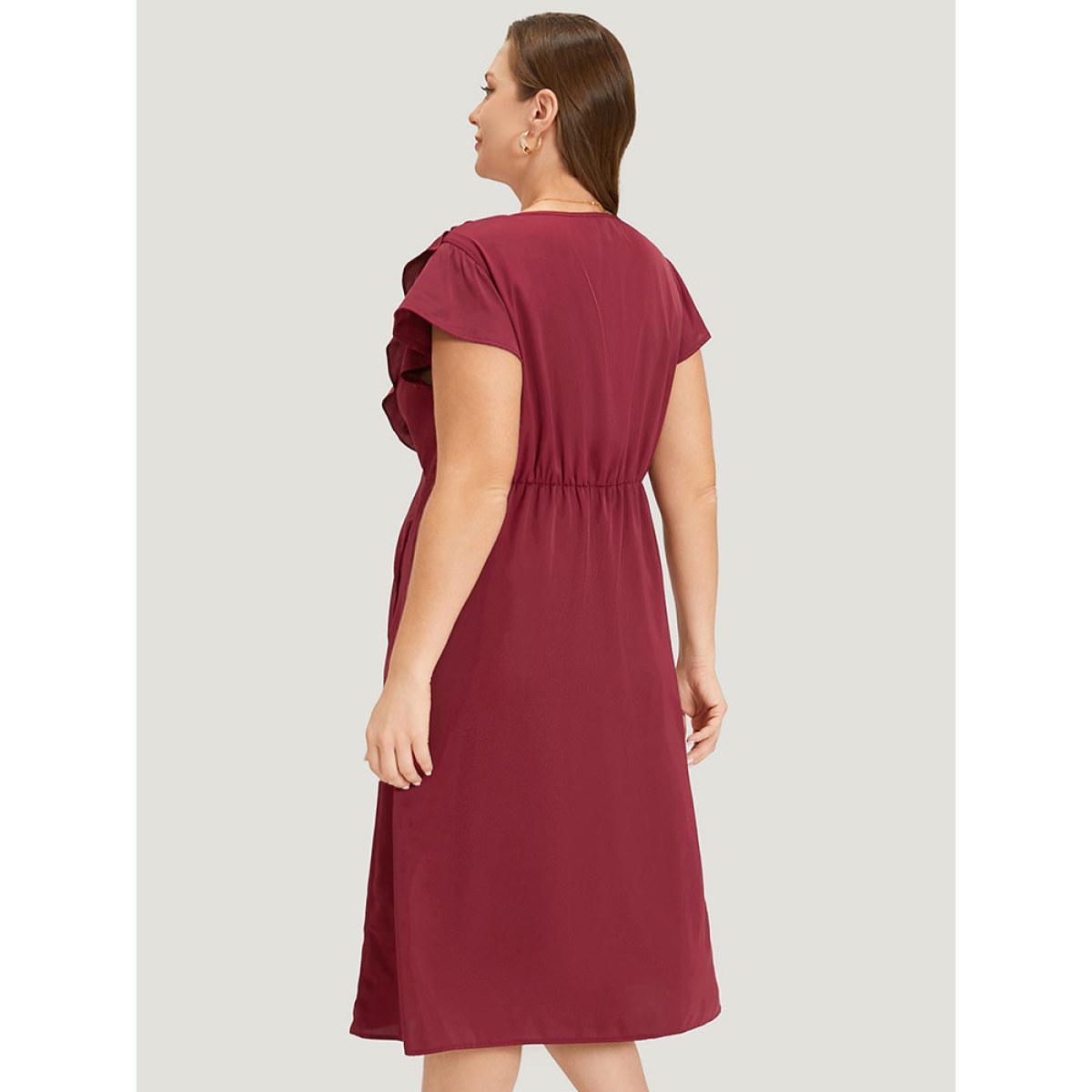 Plus Size Plain Ruffle Trim Pocket Cap Sleeve Midi Dress Scarlet Women Office Plain V-neck Sleeveless Curvy Midi Dress BloomChic 30/6X Product Image