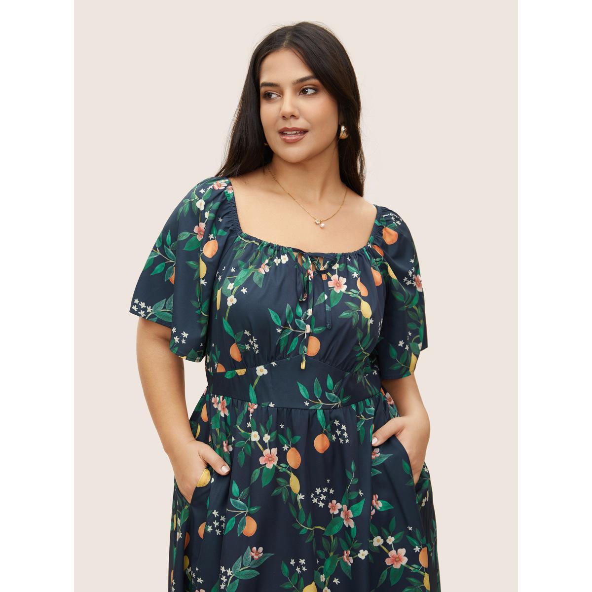 Plus Size Citrus Orange Print Square Neck Gathered Drawstring Dress Navy Women Elegant Tie knot Square Neck Half Sleeve Curvy Midi Dress BloomChic 22-24/3X Product Image
