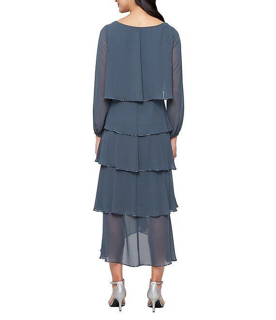 Ignite Evenings Chiffon Boat Neck 3/4 Sleeve Beaded Trim Tiered Midi Dress Product Image