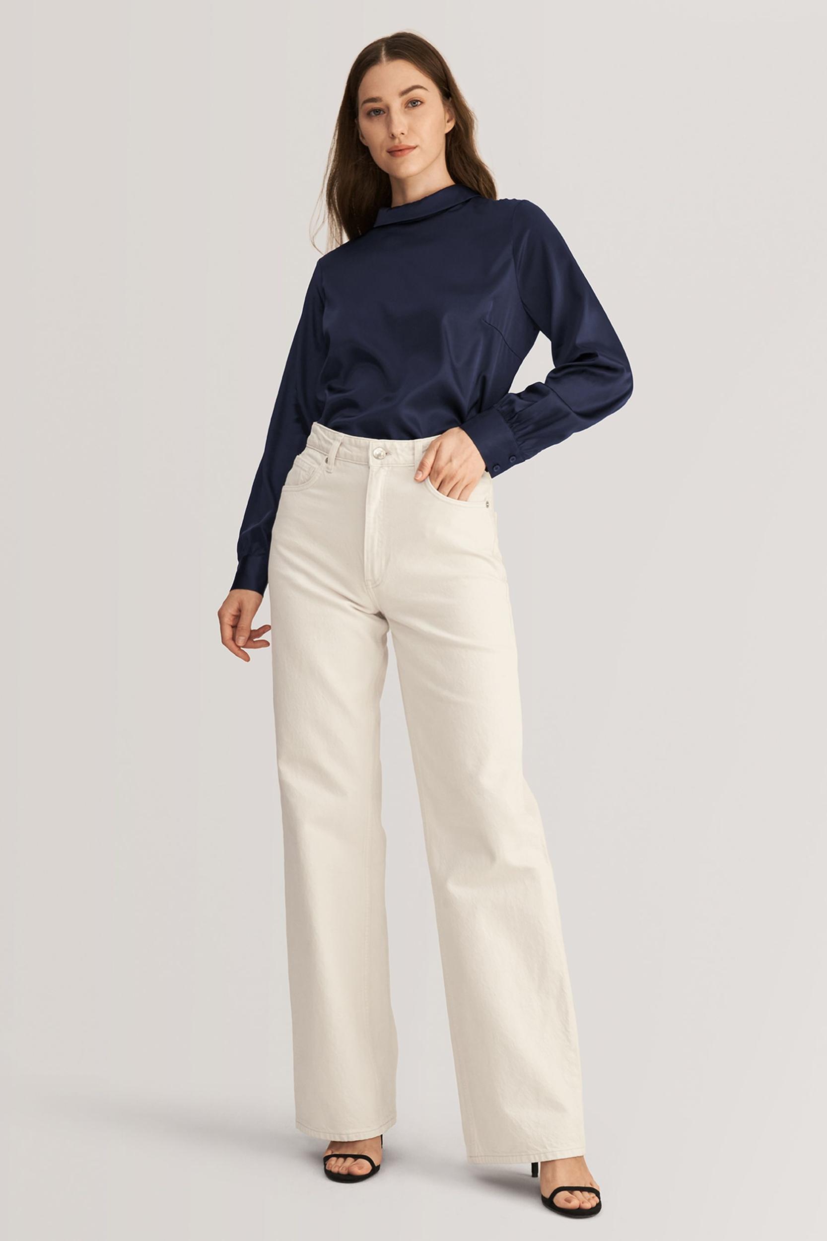Stand Collar Long Sleeves  Silk Blouse Product Image