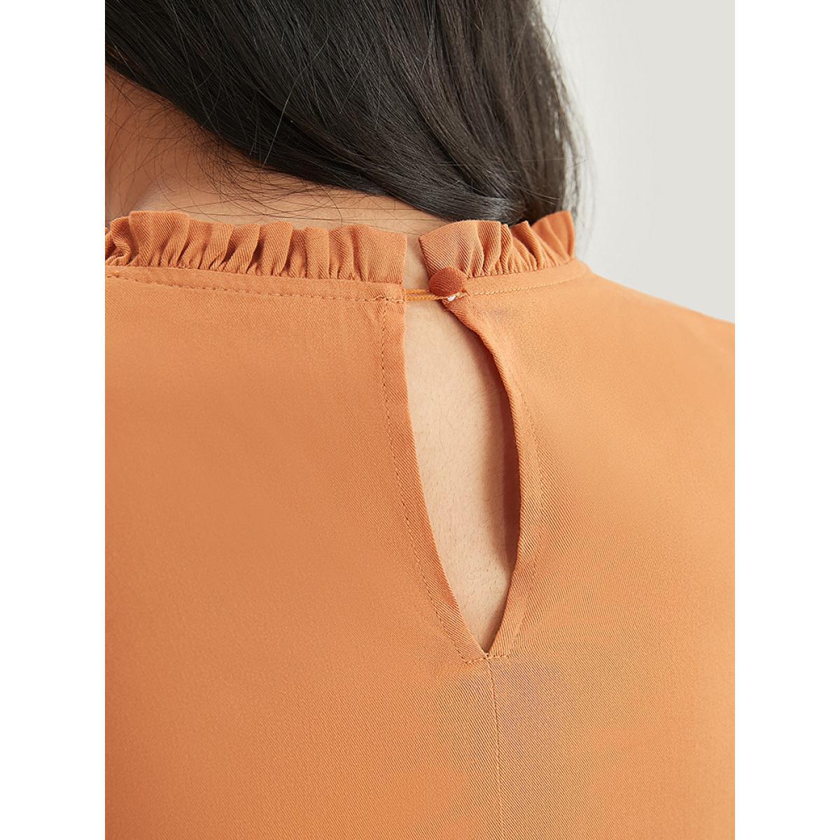 Plus Size Rust Solid Pleated Keyhole Ruffle Tiered Sleeve Frill Trim Blouse Women Elegant Short sleeve Round Neck Dailywear Blouses BloomChic 12/L Product Image