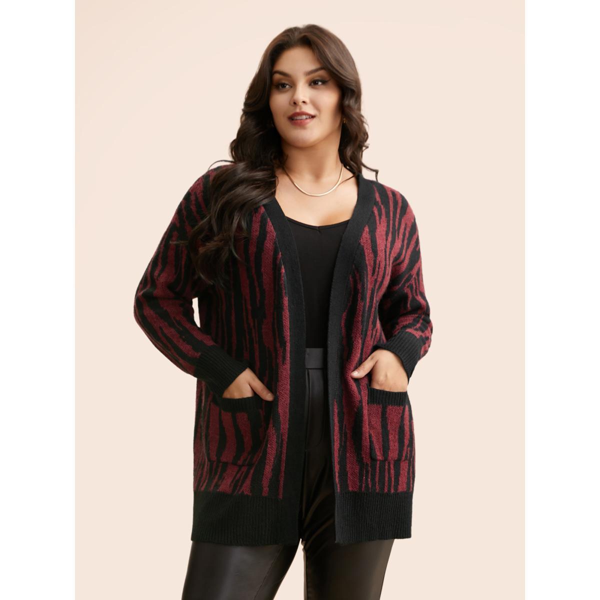 Plus Size Zebra Print Patched Pocket Cardigan Deepred Women Casual Loose Long Sleeve Everyday Cardigans BloomChic 14-16/1X Product Image