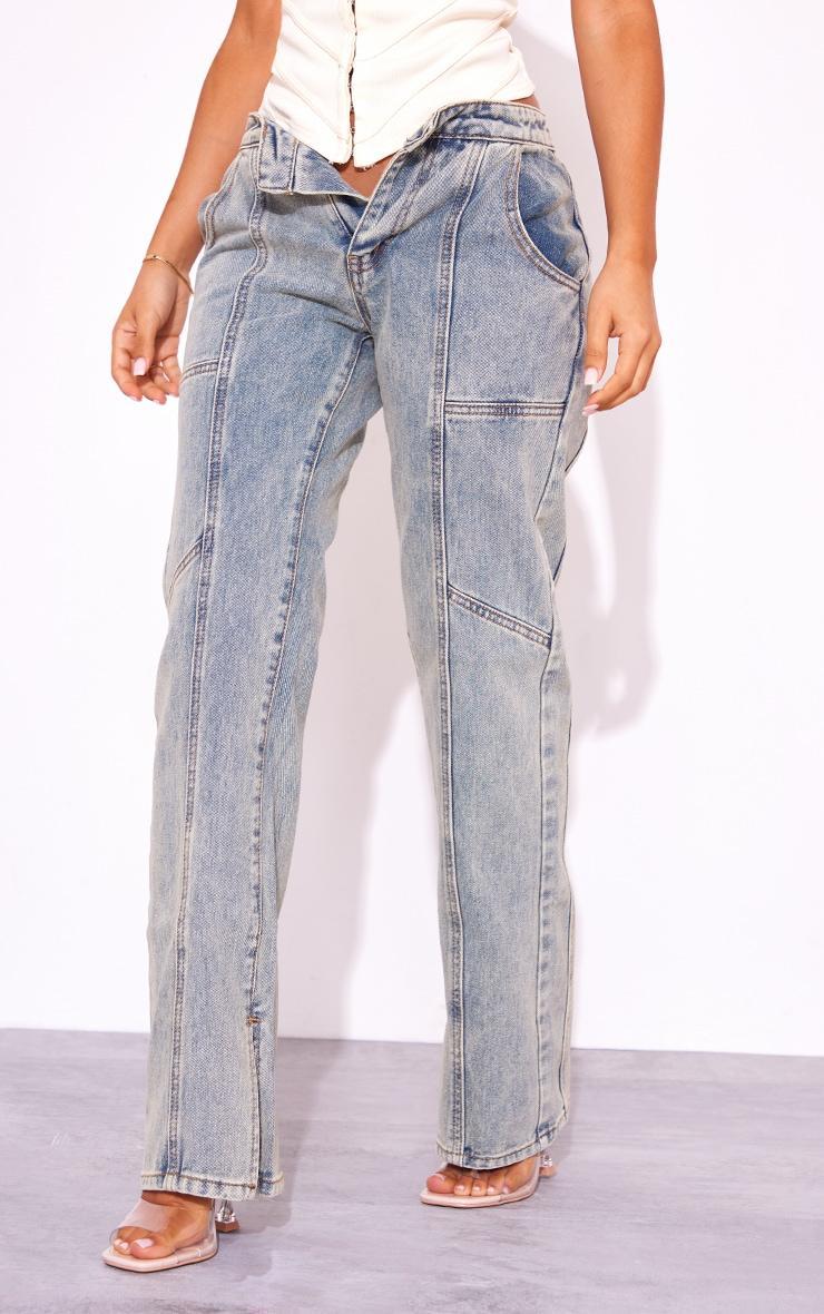 Petite Vintage Wash Seam Back Foldover Waistband Straight Leg Jeans Product Image