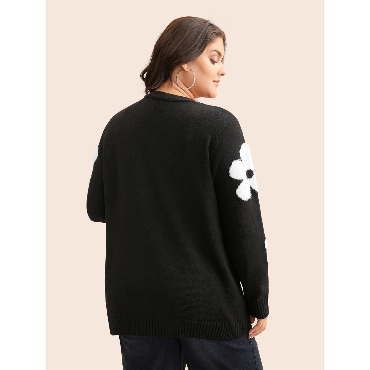 Plus Size Floral Jacquard Drop Shoulder Sleeve Cardigan Black Women Casual Loose Long Sleeve Everyday Cardigans BloomChic 30/6X Product Image