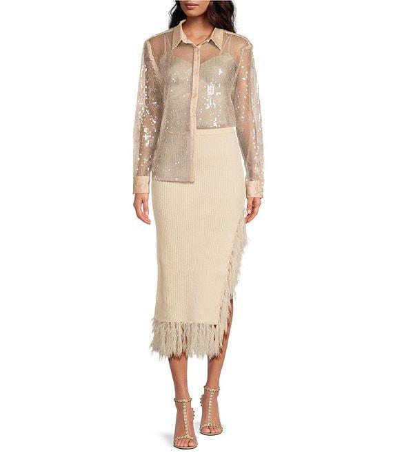 Skies Are Blue Sheer Sequin Point Collar Neck Long Sleeve Button Front Top Product Image