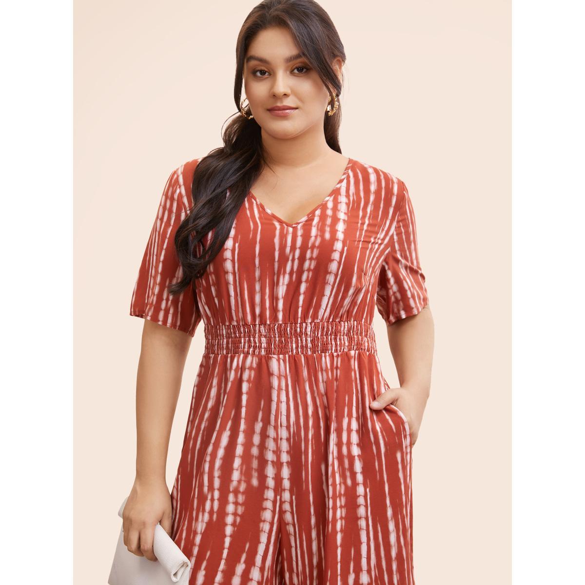 Plus Size Multicolor V Neck Gradient Dyeing Shirred Jumpsuit Women At the Office Half Sleeve V-neck Work Loose Jumpsuits BloomChic 14-16/1X Product Image