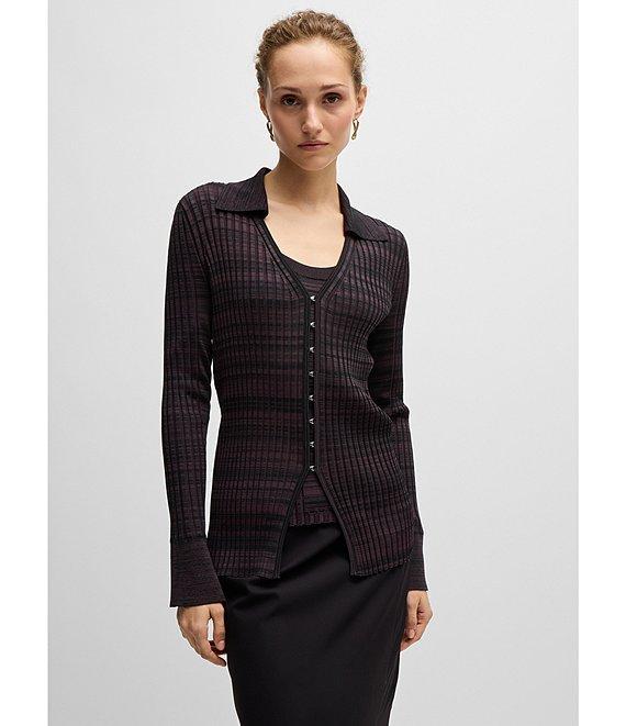 BOSS by Hugo Boss Focinta Solid Stretch Ribbed Knit Point Collar V-Neck Long Sleeve Cardigan Product Image