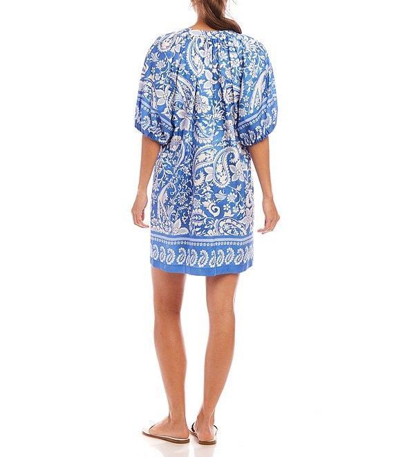 Karen Kane Petite Size Printed Split V-Neck Elbow Sleeve Peasant Dress Product Image