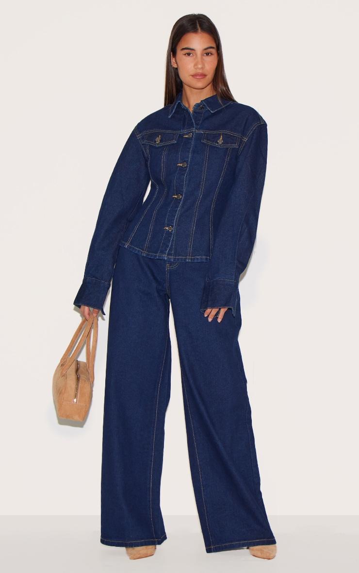 Indigo Contrast Stitch Long Sleeve Cinch Waist Denim Jacket Product Image