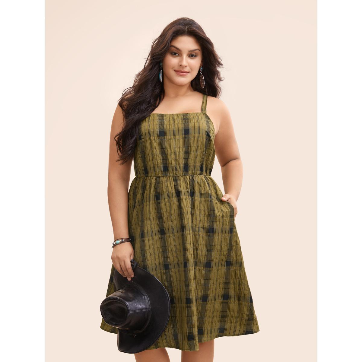Plus Size Wrinkle-Treated Waist-Defining Midi Dress Olive Women Resort Texture Non Sleeveless Curvy BloomChic 22-24/3X Product Image
