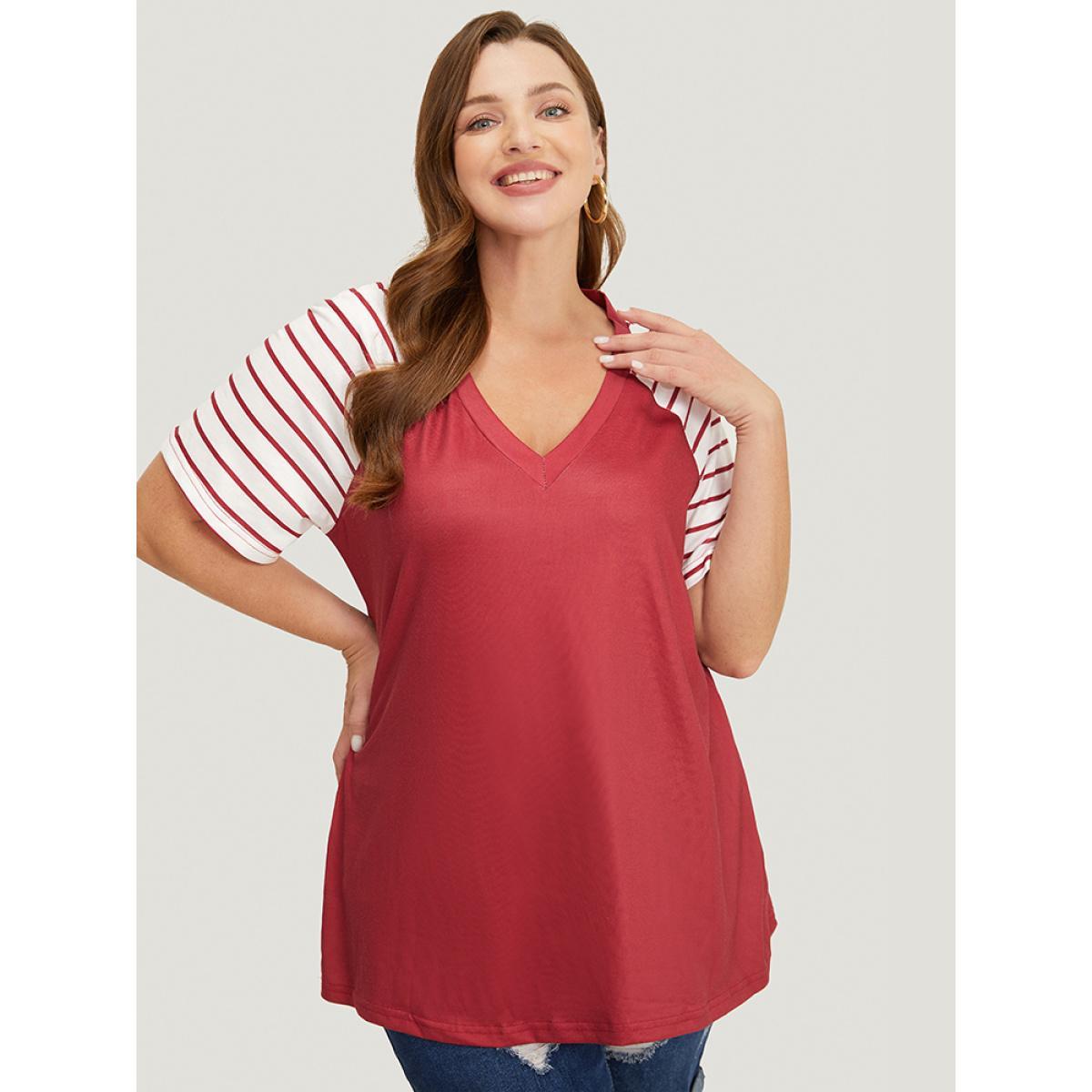 Plus Size Striped Contrast Raglan Sleeve V Neck T-shirt Scarlet Women Casual Patchwork Striped V-neck Dailywear T-shirts BloomChic 12/L Product Image