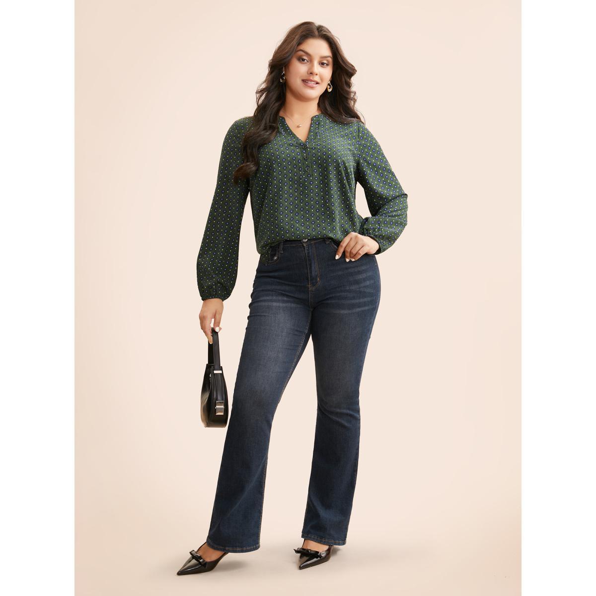 Plus Size ArmyGreen Notched Geometric Button Up Blouse Women At the Office Extra Long Sleeve Notched collar Work Blouses BloomChic 12/L Product Image