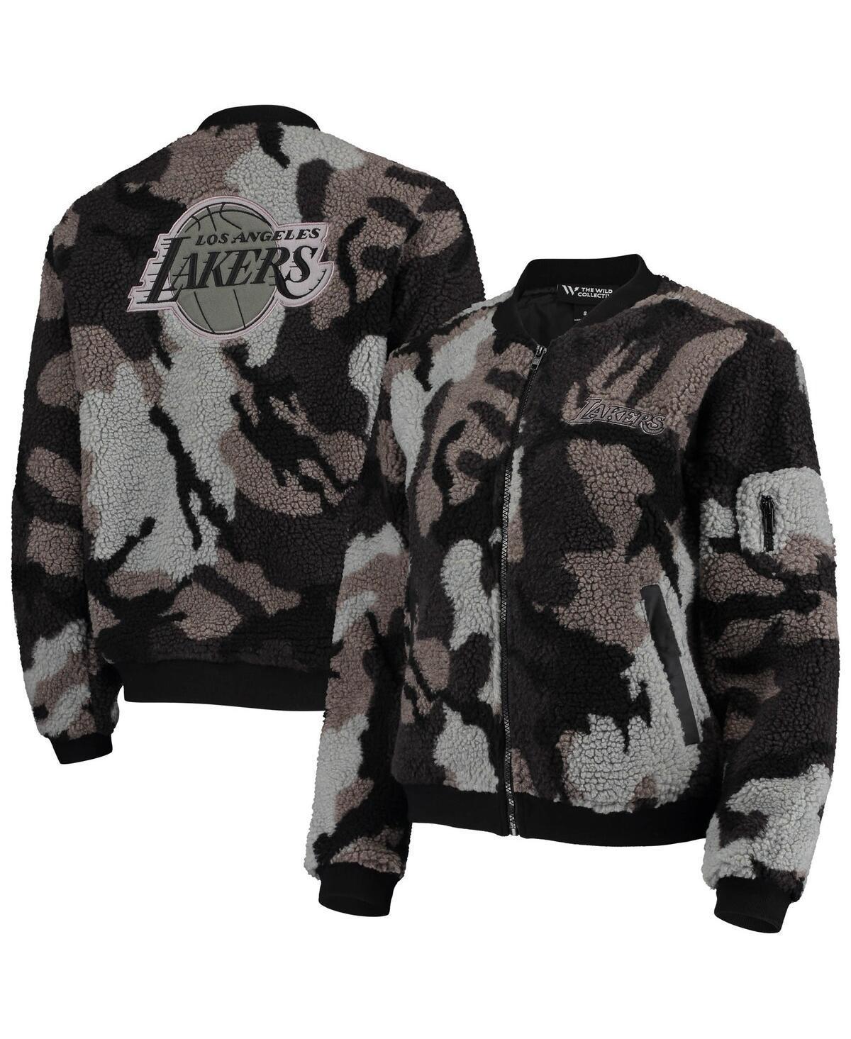 Women's The Wild Collective Black Los Angeles Lakers Camo Sherpa Full-Zip Bomber Jacket, Size: Small Product Image