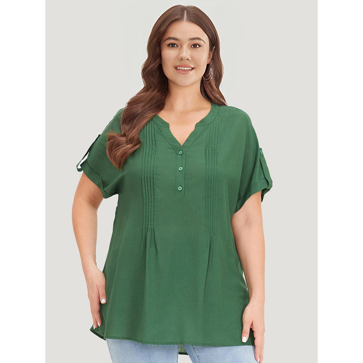 Plus Size ArmyGreen Solid Cuffed Sleeve Pleated Notched Blouse Women Elegant Short sleeve Notched collar Dailywear Blouses BloomChic 12/L Product Image