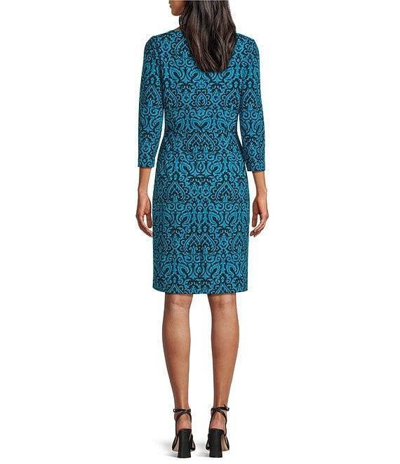 Investments Scuba Crepe Aqua Scroll Print 3/4 Sleeve Ballet Neck Sheath Dress Product Image