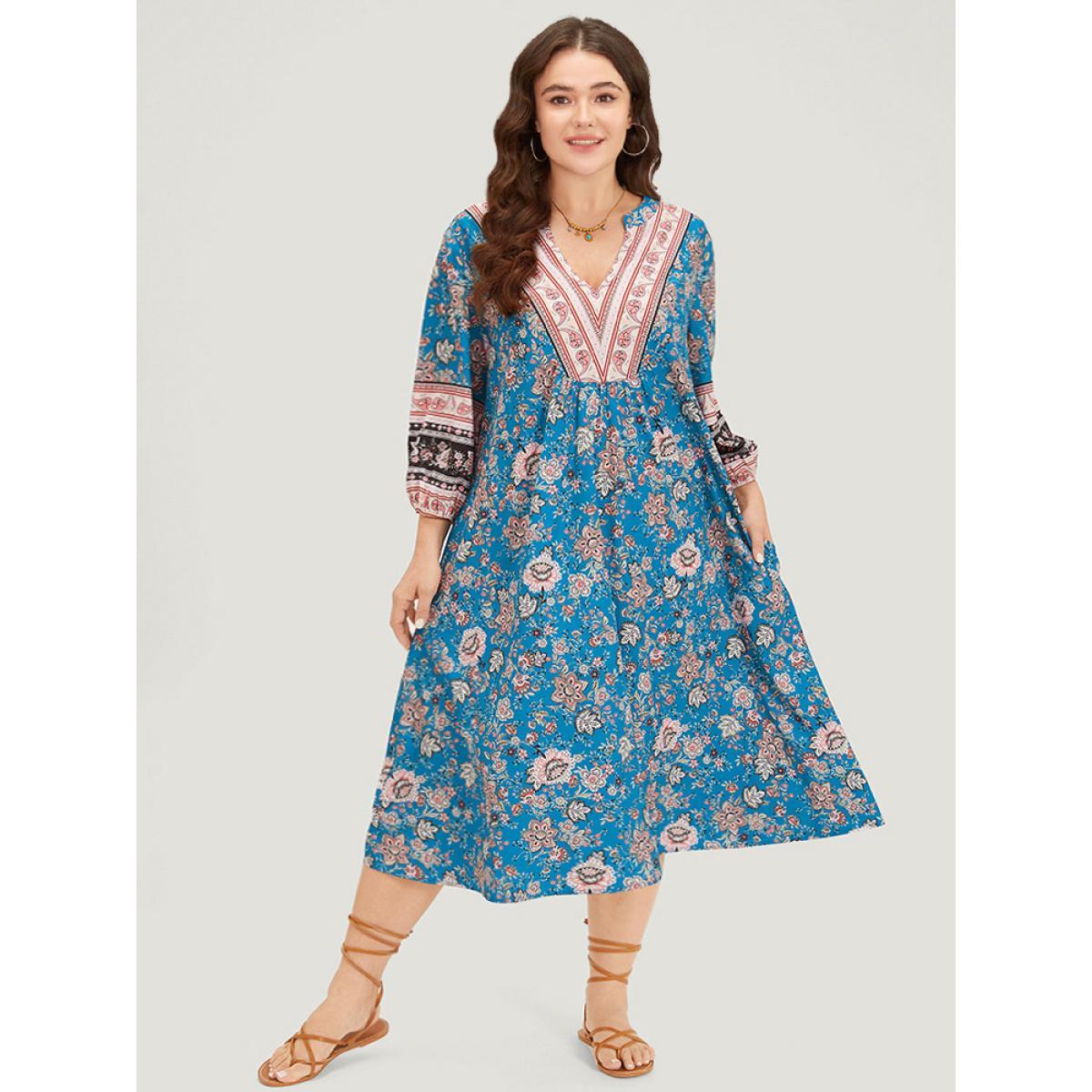 Plus Size Floral Print Notched Lantern Sleeve Contrast Dress Teal Women Vacation Elastic cuffs Notched collar Long Sleeve Curvy Midi Dress BloomChic 28/5X Product Image