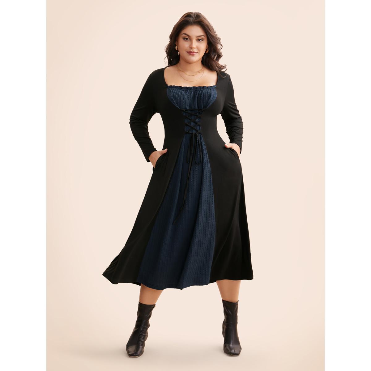 Plus Size Square Neck Textured Patchwork Crisscross Dress Indigo Women Elegant Wraparound straps Square Neck Long Sleeve Curvy BloomChic 10/M Product Image