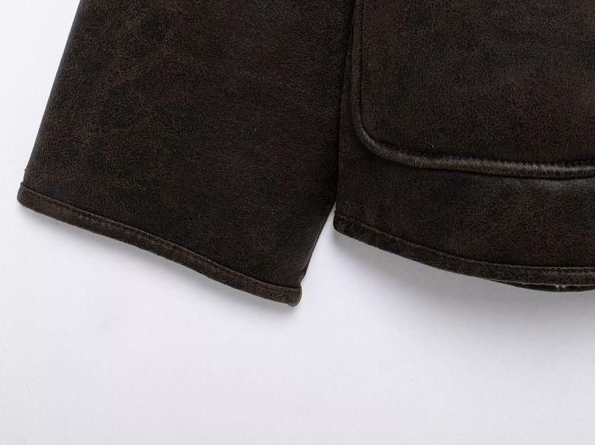 Plain Fluffy Trim Faux Leather Single-Breasted Jacket Product Image