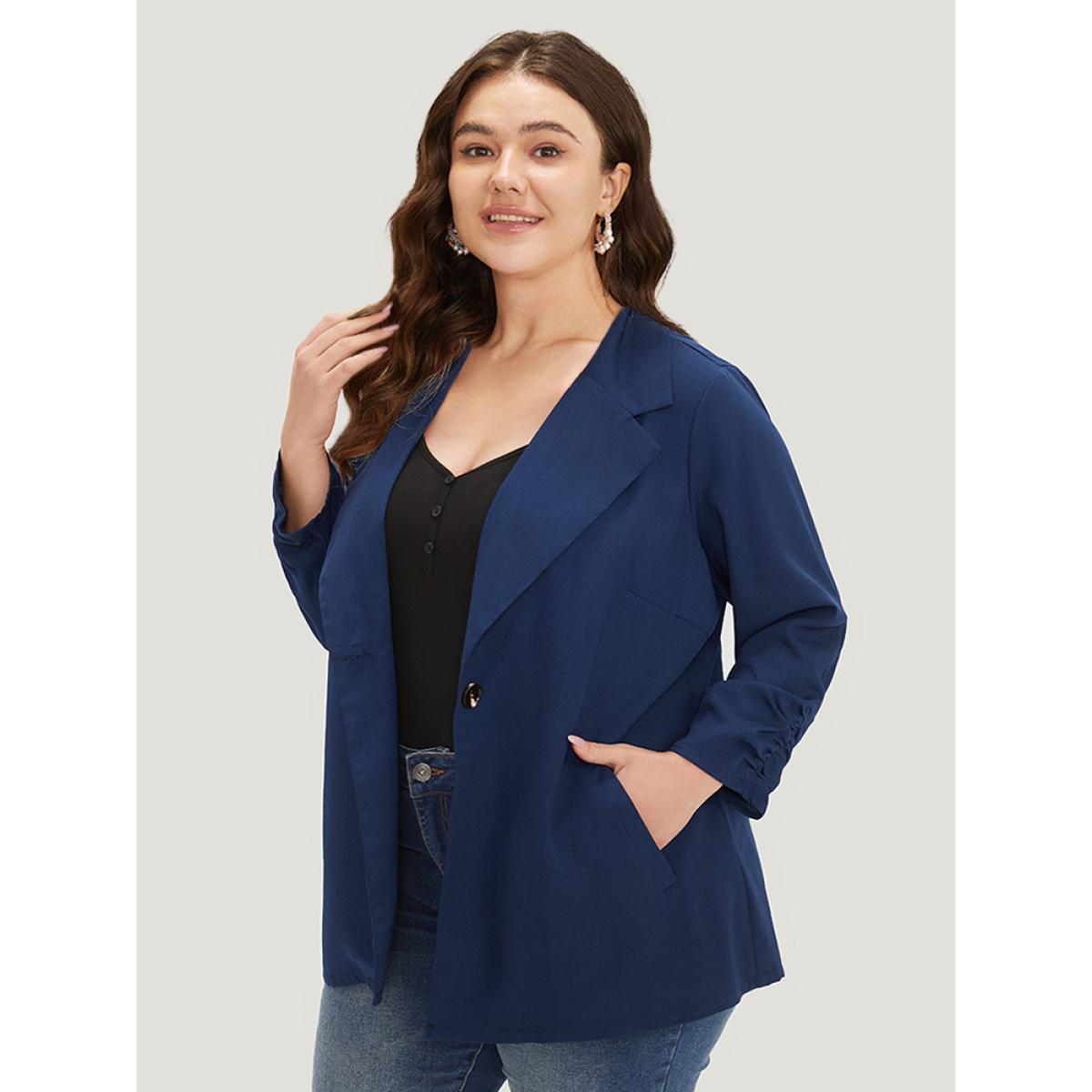 Plus Size Plain Pocket Button Up Suit Collar Gathered Blazer Indigo Women Work Plain Gathered Sleeve Long Sleeve Suit Collar 14-16/1X Pocket Office Blazers BloomChic Product Image