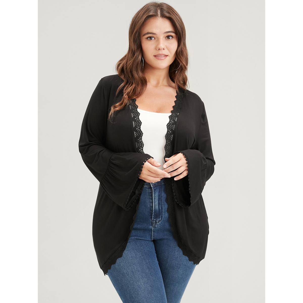 Plus Size Solid Ruffle Sleeve Lace Trim Coat Women Black Elegant Patchwork Ladies Dailywear Winter Coats BloomChic 14-16/1X Product Image