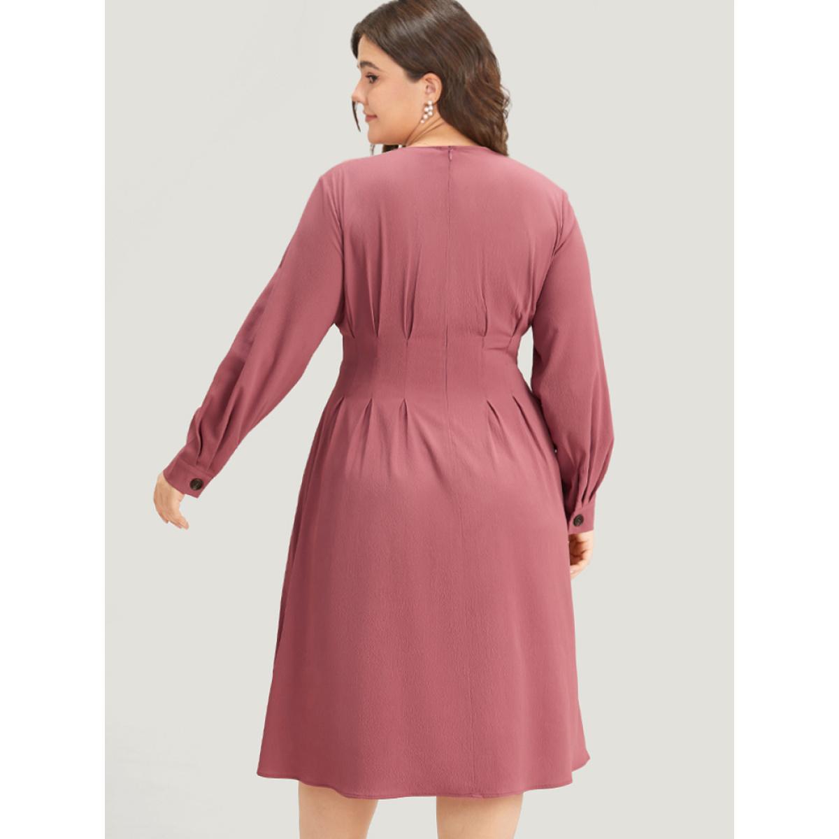 Plus Size Crew Neck Plicated Detail Ruffle Hem Dress DustyPink Women Office Plain Round Neck Long Sleeve Curvy Midi Dress BloomChic 22-24/3X Product Image