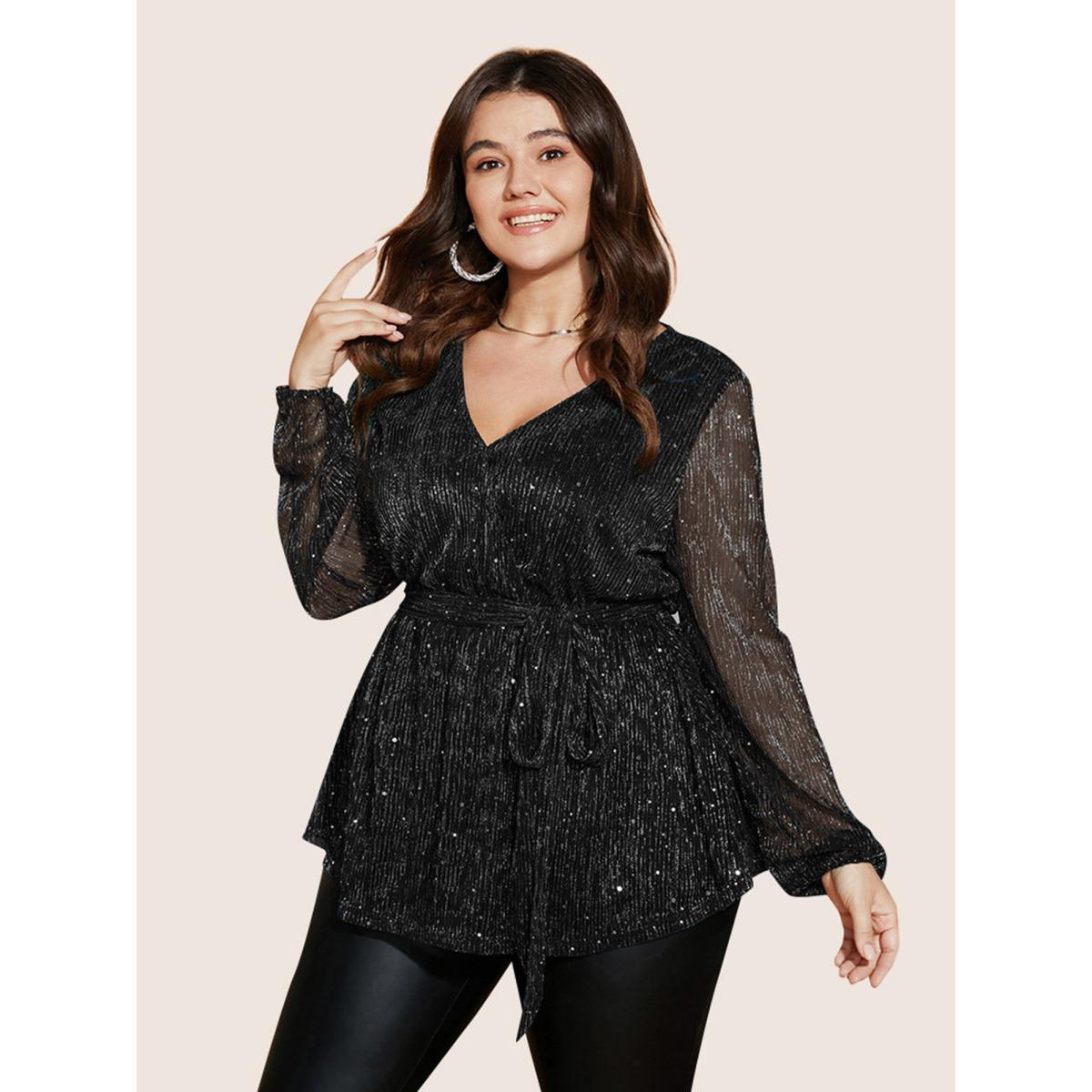 Plus Size DarkGreen Sequin Mesh Lantern Sleeve Wrap Belted Striped Blouse Women Cocktail Long Sleeve Overlap Collar Party Blouses BloomChic 22-24/3X Product Image
