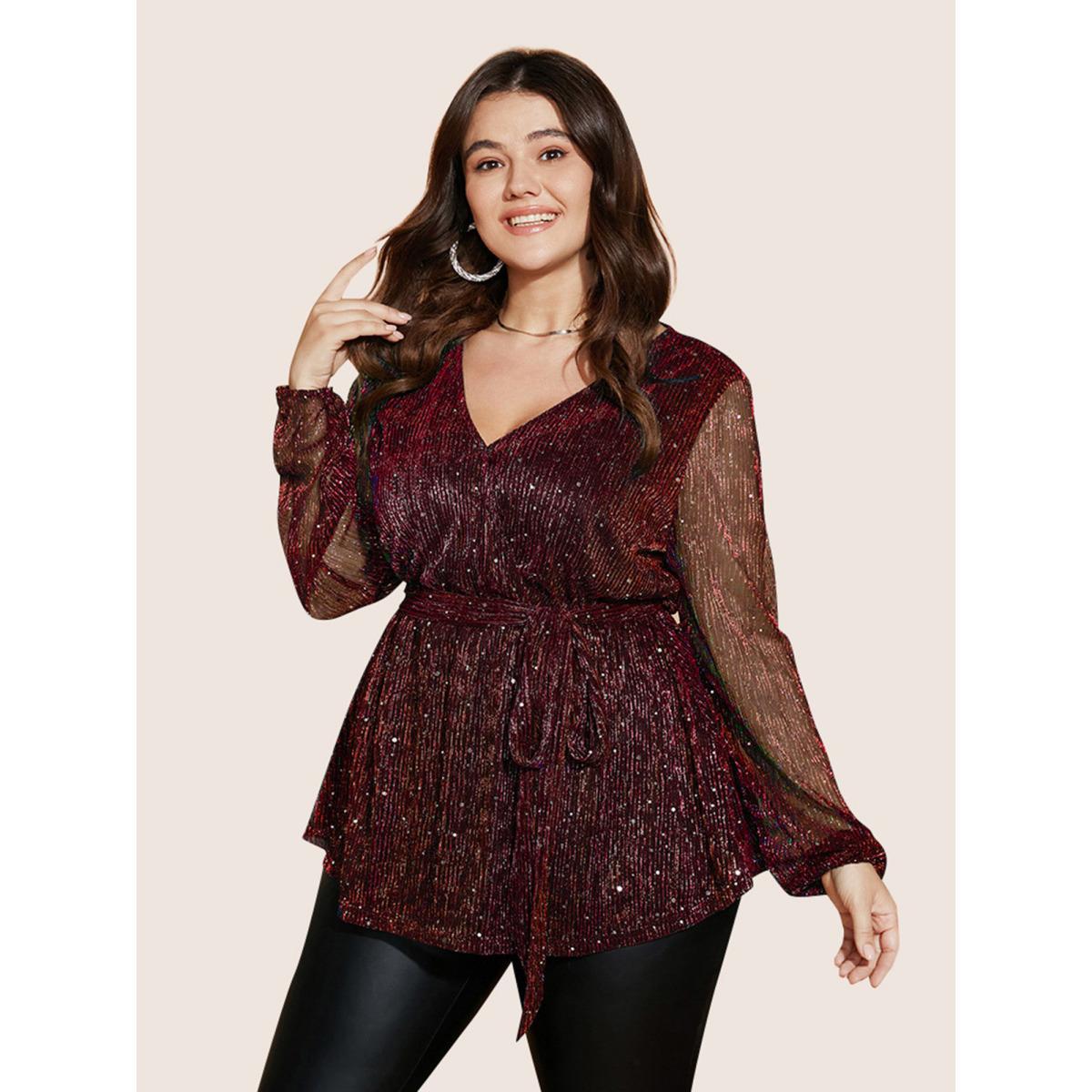 Plus Size Scarlet Sequin Mesh Lantern Sleeve Wrap Belted Striped Blouse Women Cocktail Long Sleeve Overlap Collar Party Blouses BloomChic 22-24/3X Product Image