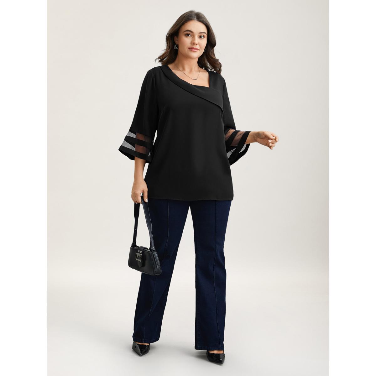 Plus Size Black Sheer Sleeve Patchwork Asymmetrical Neckline Blouse Women At the Office Elbow-length sleeve Asymmetrical Neck Work Blouses BloomChic 10/M Product Image