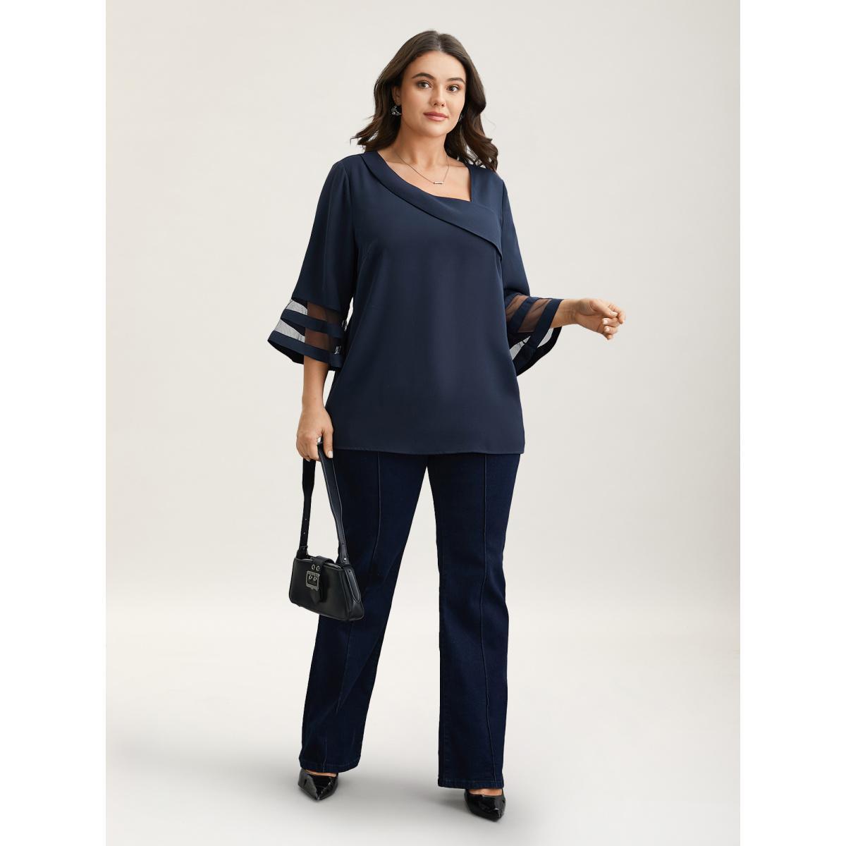 Plus Size DarkGreen Sheer Sleeve Patchwork Asymmetrical Neckline Blouse Women At the Office Elbow-length sleeve Asymmetrical Neck Work Blouses BloomChic 10/M Product Image