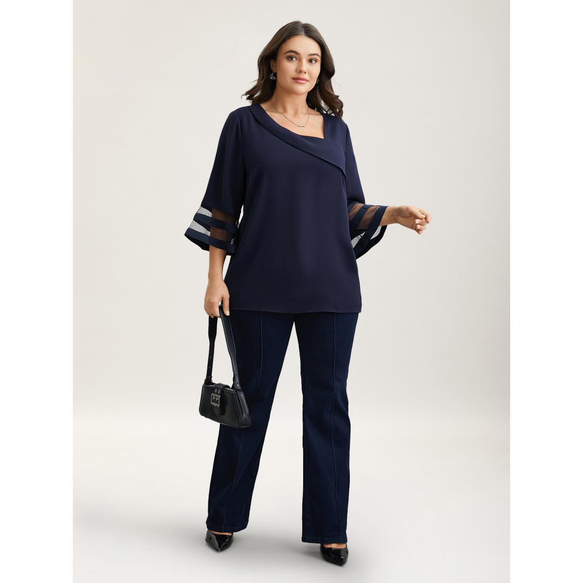 Plus Size DarkGreen Sheer Sleeve Patchwork Asymmetrical Neckline Blouse Women At the Office Elbow-length sleeve Asymmetrical Neck Work Blouses BloomChic 10/M Product Image