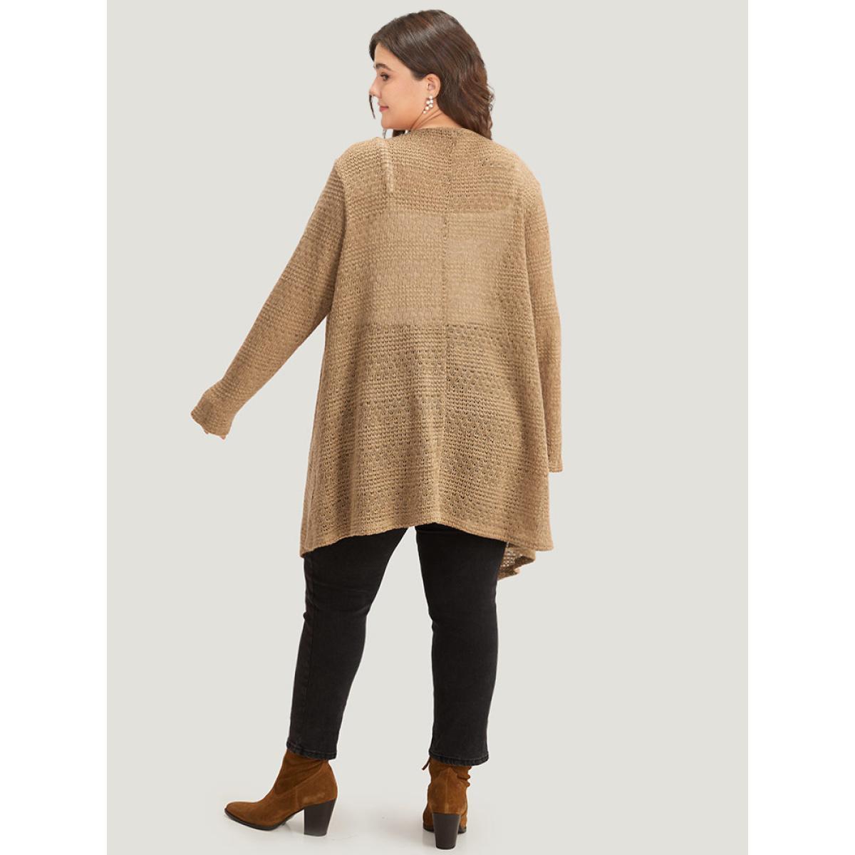 Plus Size Plain Texture Asymmetrical Hem Drape Kimono Women Tan Casual Drape Everyday Kimonos BloomChic 26/4X Product Image