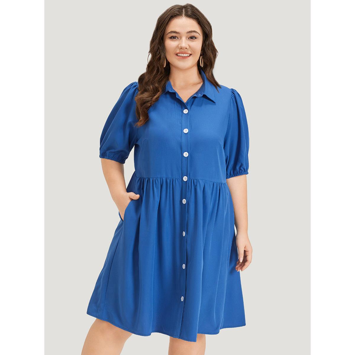 Plus Size Plain Shirt Collar Button Through Gathered Lantern Sleeve Dress Blue Women Elegant Elastic cuffs Shirt collar Half Sleeve Curvy Knee Dress BloomChic 30/6X Product Image