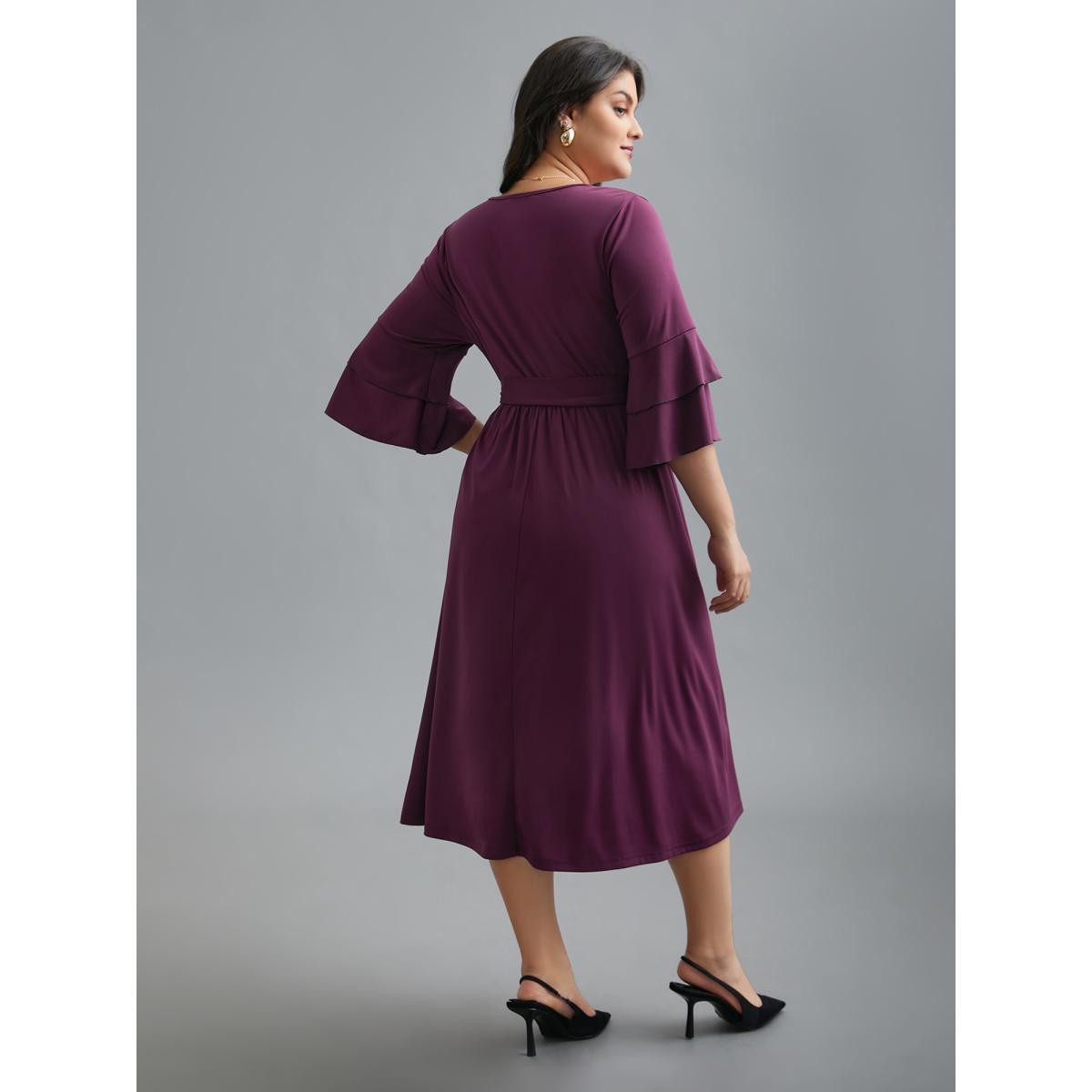 Plus Size Tiered Ruffles Belted Stretchy Waist Dress Deeppurplered Women At the Office Belted Knit Dresses Bloomchic 26/4X Product Image