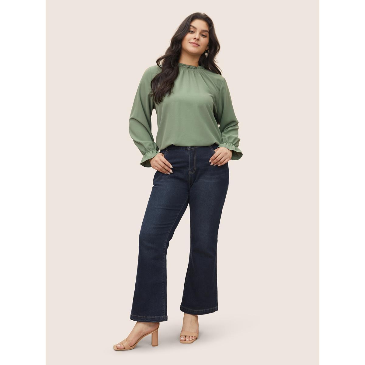 Plus Size Mint Plain Lantern Sleeve Ruffle Trim Mock Neck Blouse Women Work From Home Long Sleeve Mock Neck Work Blouses BloomChic 18-20/2X Product Image