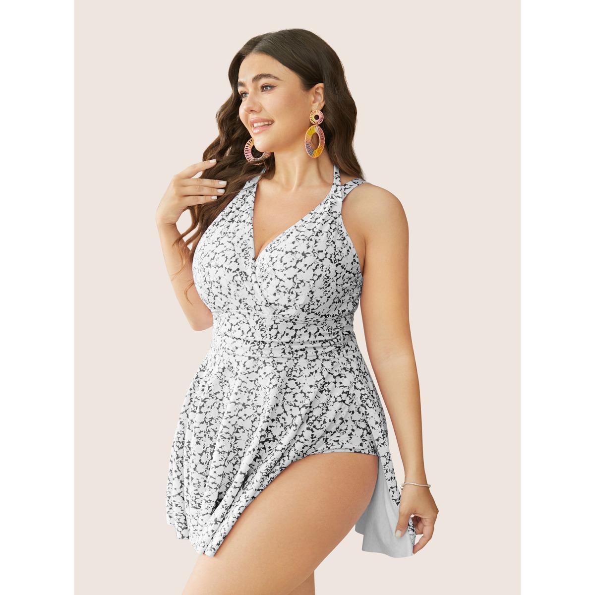 Plus Size Ditsy Floral Halter Neck Split Hem Swim Dress Women's Swimwear Black Beach Bodycon V-neck High stretch Curve Swim Dresses BloomChic 18-20/2X Product Image