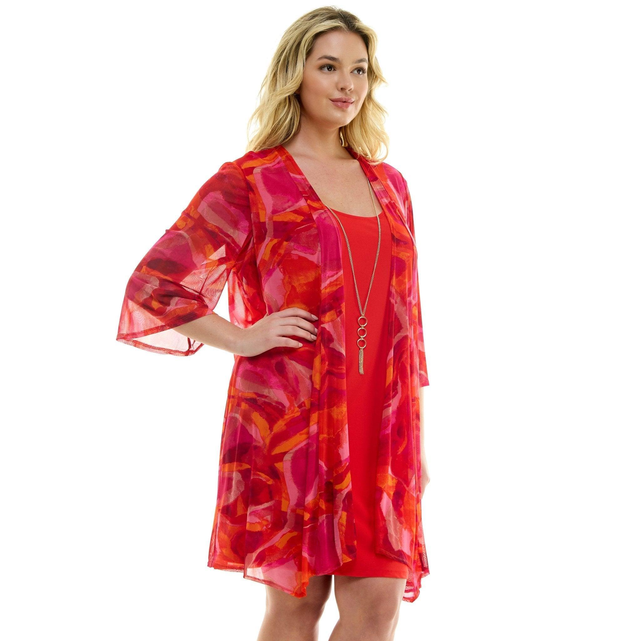 Sara Michelle Magenta Floral 3/4 2Fer Tank Dress W/ Necklace - Plus Product Image