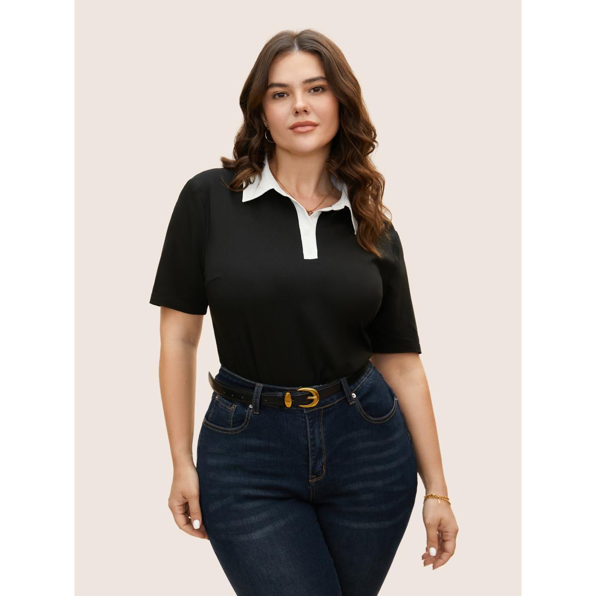 Plus Size Black Stretchy Woven Shirt Collar Contrast Blouse Women Workwear Essentials Short sleeve Shirt collar Work Blouses BloomChic 14-16/1X Product Image