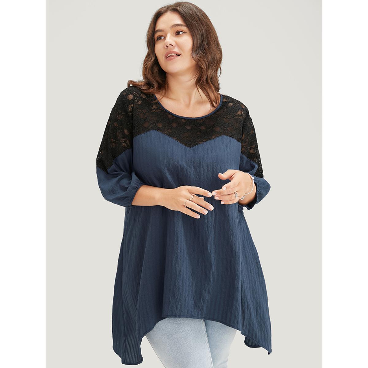 Plus Size Indigo Plain Contrast Lace Asymmetrical Lantern Sleeve Blouse Women Elegant Elbow-length sleeve V-neck Dailywear Blouses BloomChic 10/M Product Image